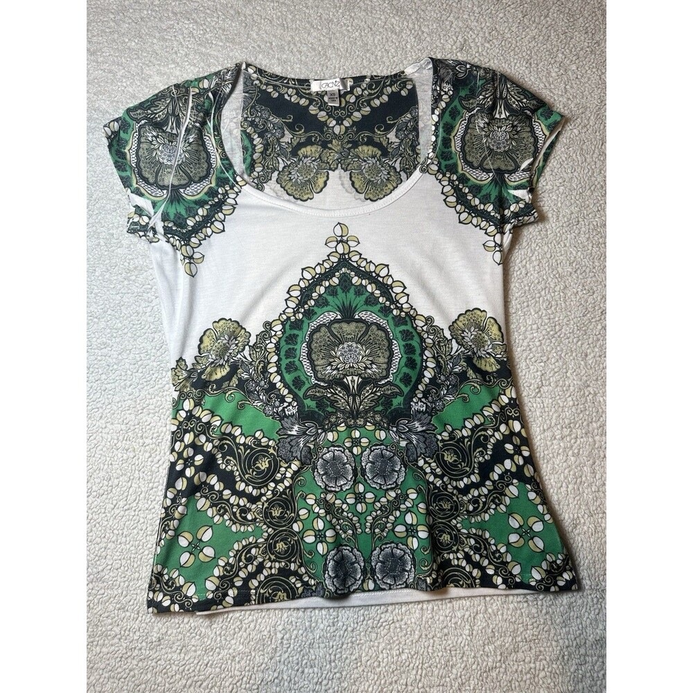 Cache Top Tee Sz XS Baroque-style Medallion Print with Floral Motif